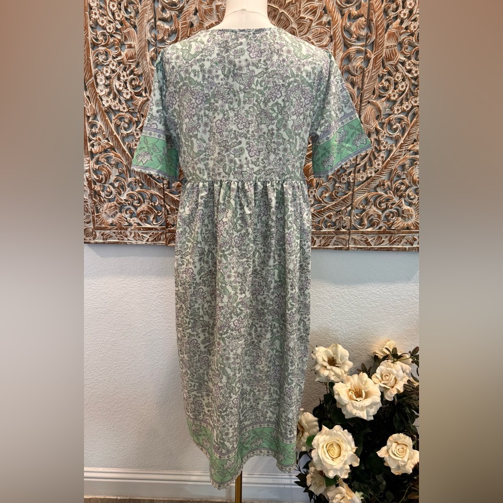 Hawalili Green & Lavender Floral Boho Midi Dress- size S oversized - Picture 8 of 16